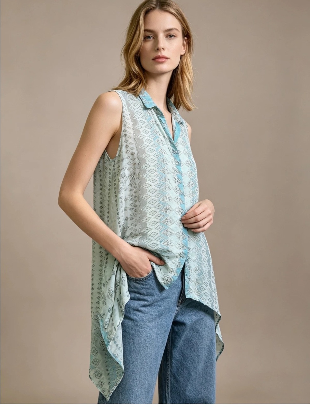 Johnny Was Arroyo Ice Floral Paisley Long Tunic Tie Top - Picture 1 of 5